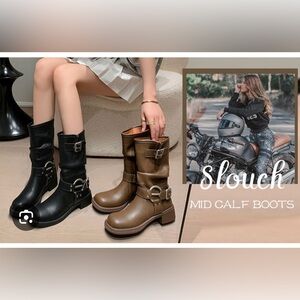 Coach Womens Jesika Moto Boots Brown Leather Buckle Straps Mid Calf slouch